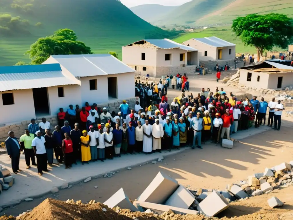 Voluntarios y miembros de la comunidad reconstruyen un pueblo en ruinas, mostrando la reconstrucción en territorios conquistados