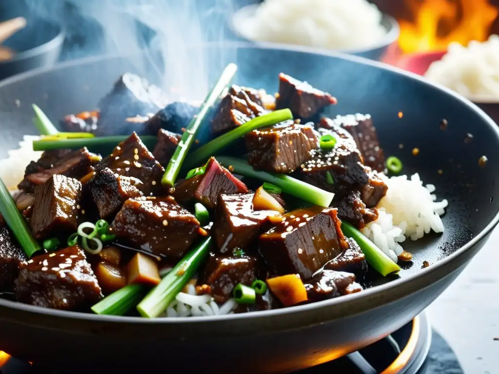 Un wok humeante rebosante de sabrosa carne de Mongolia en salsa