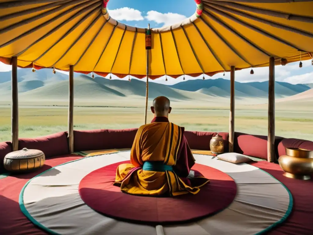 Un yurta decorada en la estepa mongol, con un chamán realizando un ritual y un monje budista meditando bajo un árbol Bodhi