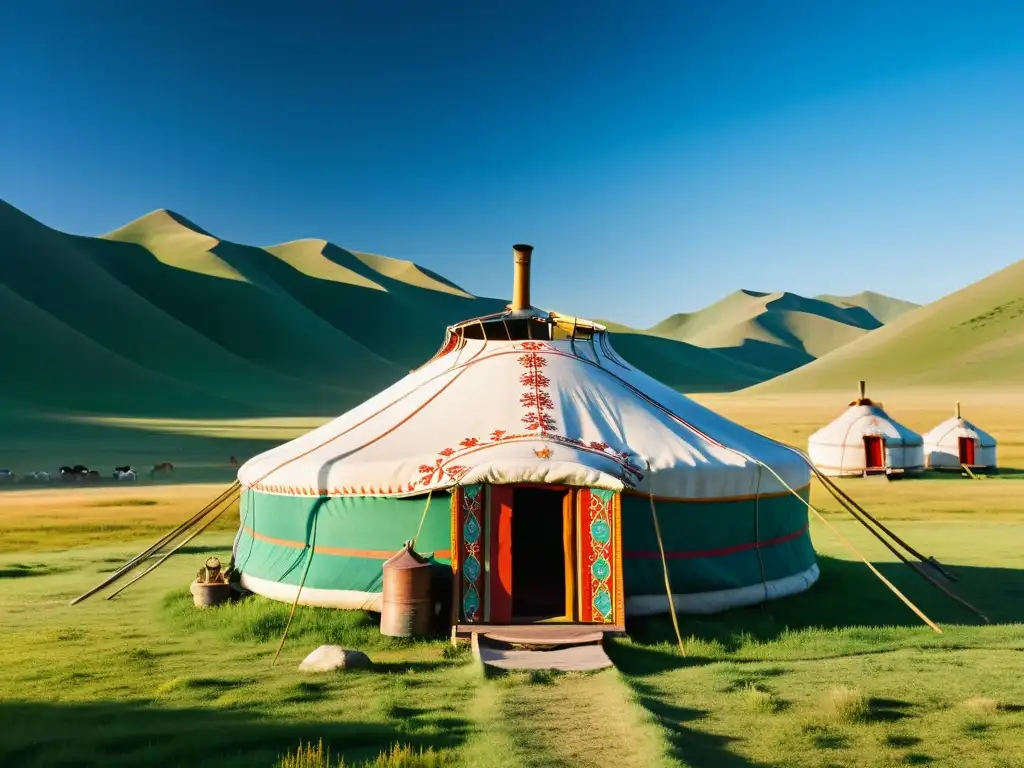 Una yurta tradicional mongola en las estepas, con patrones intrincados y colores vibrantes, reflejando la vida nómada del Origen mitos Imperio Mongol