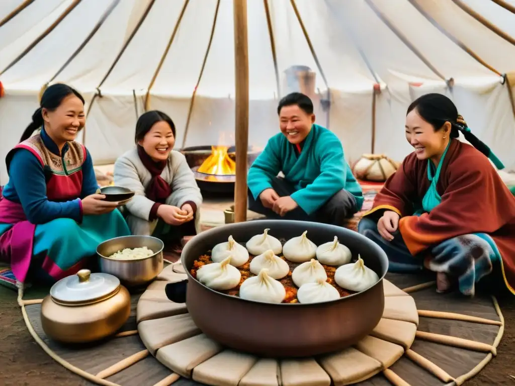 Una yurta tradicional mongola con una familia reunida alrededor de una olla de buuz humeante, mostrando la importancia de la cocina tradicional y los platos tradicionales de la gastronomía mongola en la cultura, creando una atmósfera de calor y comunidad