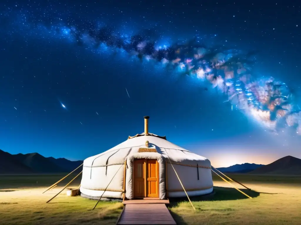 Una yurta tradicional mongola iluminada bajo un cielo estrellado con la Vía Láctea y las constelaciones del zodiaco