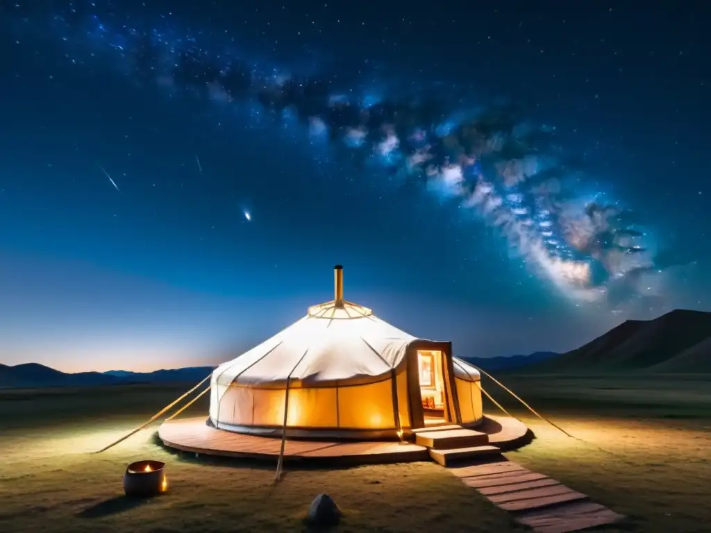 Una yurta tradicional mongola iluminada por dentro, con nomadas contemplando las estrellas