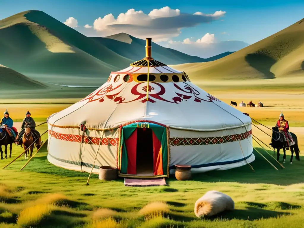 Un yurta mongol detallada y colorida en las vastas praderas, donde se practican actividades tradicionales bajo un cielo expansivo