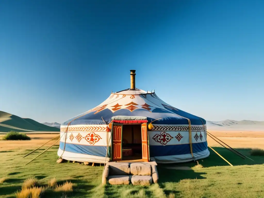 Un yurta mongol, personas realizando rituales religiosos y la vasta estepa