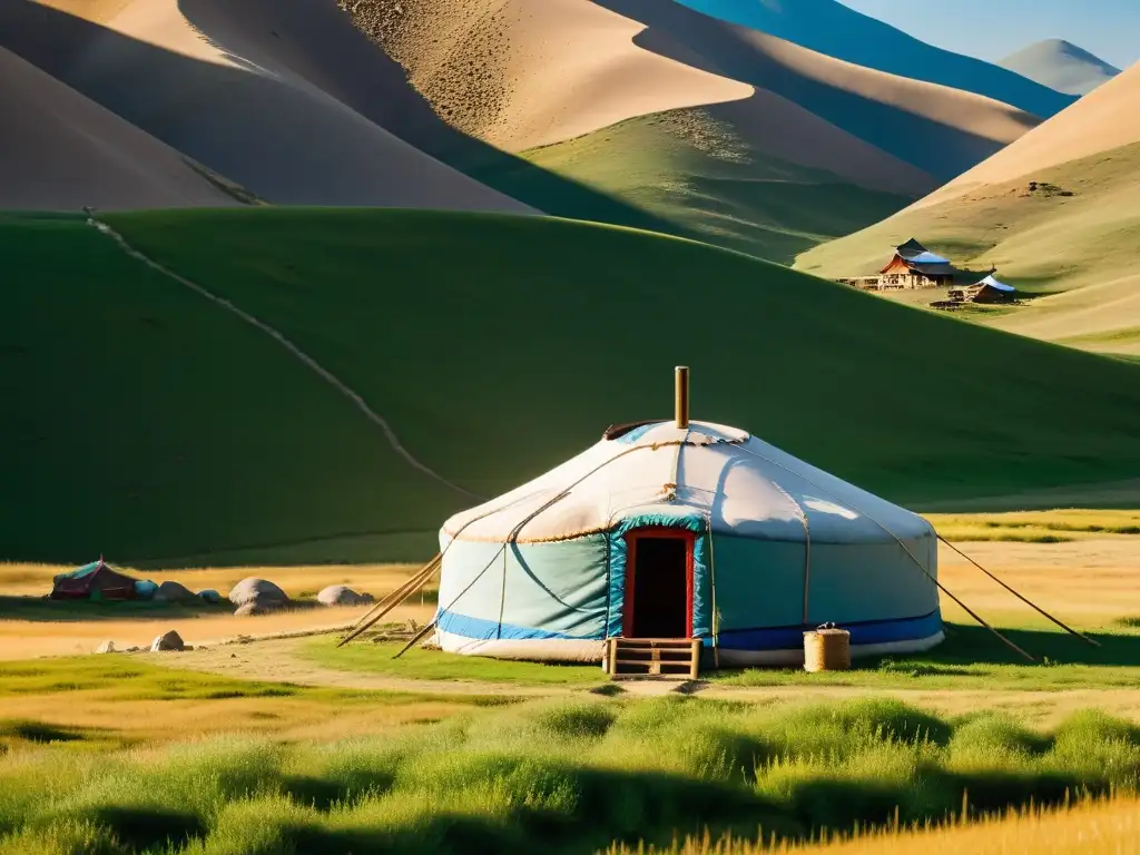 Una yurta tradicional mongola en primer plano, con intrincada estructura y paisaje montañoso al fondo