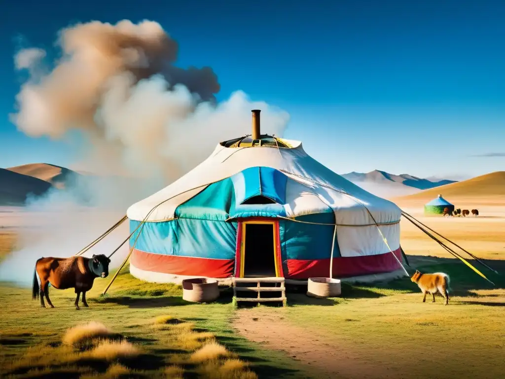 Yurta mongola en la estepa: tradición y modernidad Una yurta tradicional mongol en la vasta estepa, con herders y ganado, capturando la rica cultura y tradiciones del cine mongol