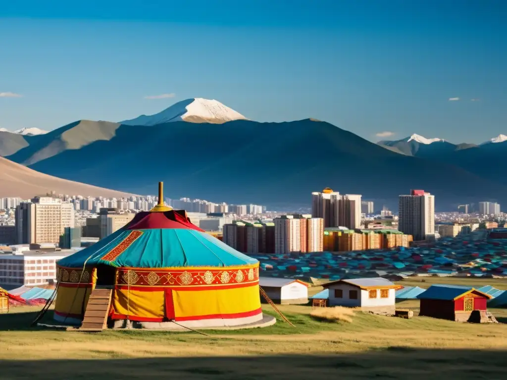 Una yurta tradicional mongola contrasta con rascacielos modernos en Ulaanbaatar, mostrando la evolución de la vivienda mongola a lo largo del tiempo