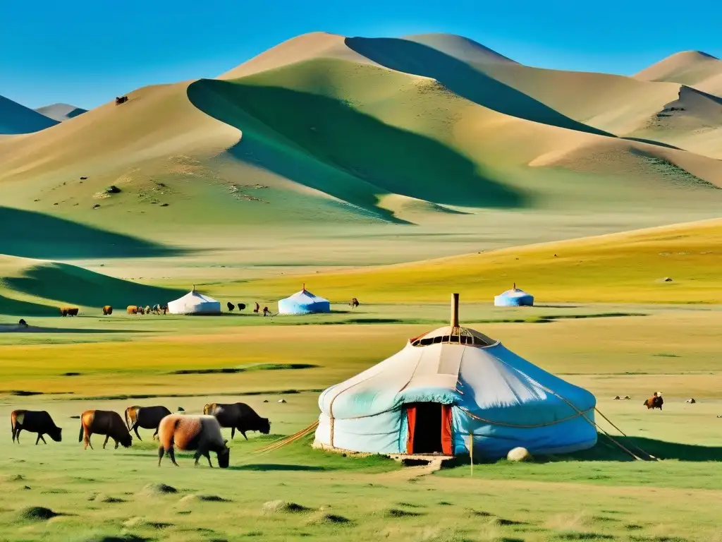 Una yurta tradicional destaca en la vasta estepa de Mongolia, con hermosos paisajes y pastores nómadas