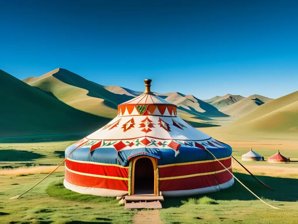 Una yurta tradicional mongola en la vasta estepa, con patrones vibrantes y una familia nómada, reflejando la hospitalidad y tradición de Mongolia