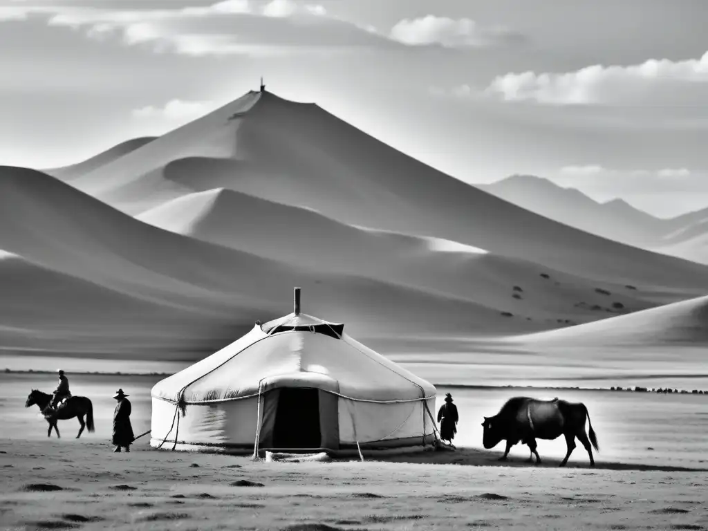 Una yurta tradicional mongola en las vastas llanuras, retratando el legado cultural del Imperio Mongol