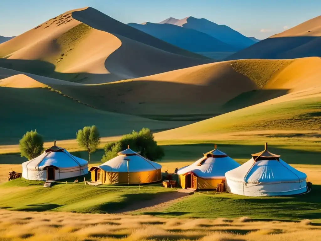 Yurtas tradicionales mongolas y pastores en la vasta estepa bajo la cálida luz dorada del atardecer